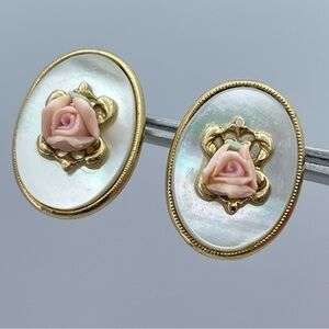 1928 Jewelry Oval Mother of Pearl Rose Cameo Earrings Gold Tone